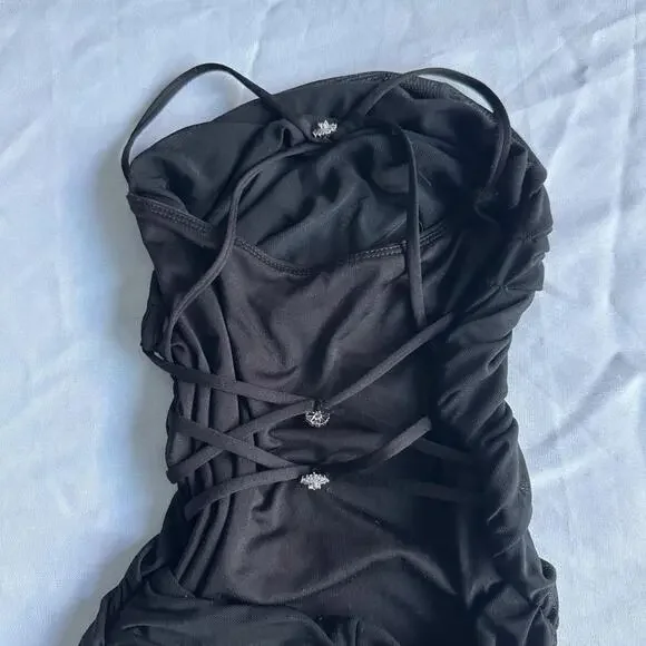 Oh Polly Everlasting Romance Cowl Neck Ruched Mini Dress in Black - Picture 3 of 8